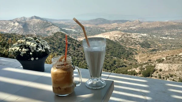 Café Com Vista Para Paros Grécia Ilha Mediterrânea Aegean Foto — Fotografia de Stock