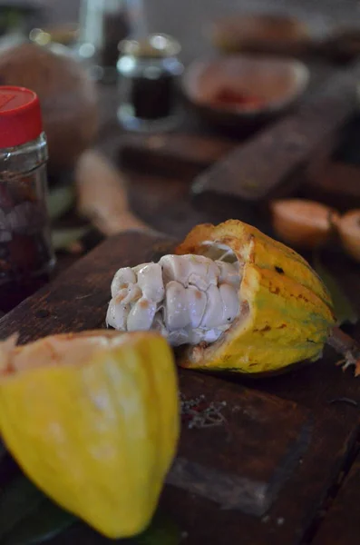 Cacao fruit bean fresch broken up Production Grenada Caribbean island . High quality photo