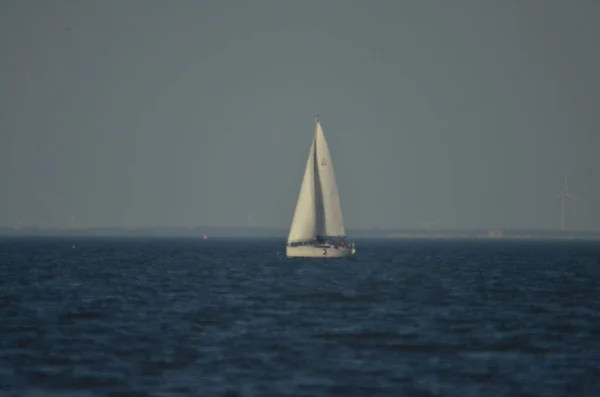 Sailing Sailboat White Sails Blue Sky Rippled Sea Background Summer — Stock Photo, Image