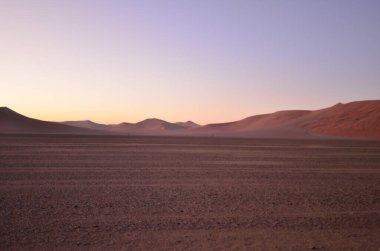 Kum tepesinden Sossusvlei 'nin tuz tepesine inanılmaz bir manzara. Namib Naukluft Ulusal Parkı. Sossusvlei 'deki kum tepeleri. Namibya. Afrika. Yüksek kalite fotoğraf