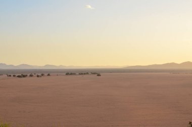 Kum tepesinden Sossusvlei 'nin tuz tepesine inanılmaz bir manzara. Namib Naukluft Ulusal Parkı. Sossusvlei 'deki kum tepeleri. Namibya. Afrika. Yüksek kalite fotoğraf