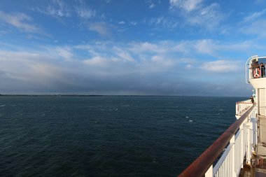 Ferry Norway ship views at sunset deck sea. High quality photo