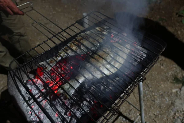 Grilled fish on Fire smoke kalymnos greece. High quality photo