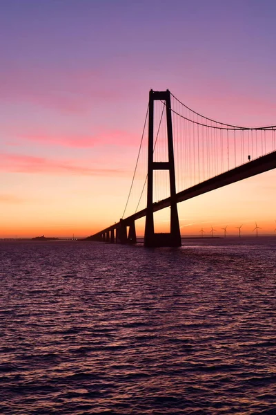 Most Zachód Słońca Duży Pas Nowoczesny Denmark Nyborg Most Korsor — Zdjęcie stockowe