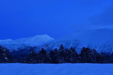 Norveç 'te geceleri dolunay olan kar manzarası. Yüksek kalite fotoğraf