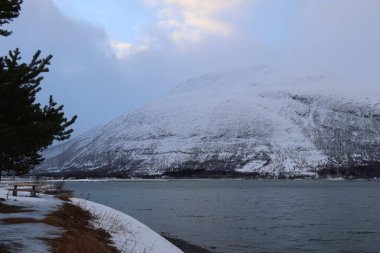 Norveç 'te fiyort kış bulutları soğuk ve karanlık. Yüksek kalite fotoğraf