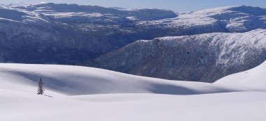 Norveç 'in mavi gökyüzünü gezen kayak turu. Yüksek kalite fotoğraf