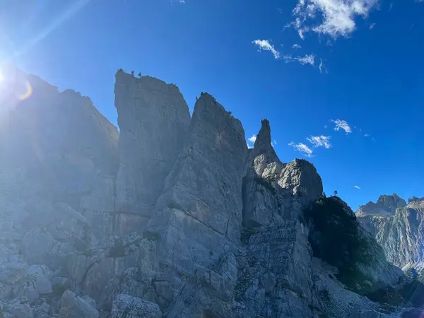 Cinque Torri Dolomites Tyrol Italiy Wspinaczka Wspinaczka Wspinaczka Latem Wysokiej — Zdjęcie stockowe