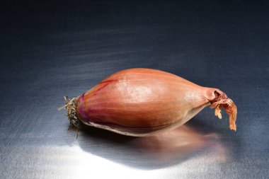 Çelik mutfak tabağında kabuklu kırmızı soğan. Yüksek kalite fotoğraf