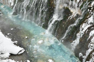 Shirahige Şelalesi Kış Biei Nehri Hokkaido Japonya. Yüksek kalite fotoğraf