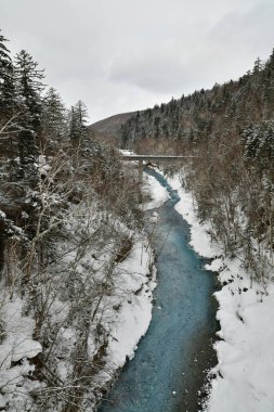 Mavi Nehir karlı arka planda Biei hokkaido Japonya. Yüksek kalite fotoğraf