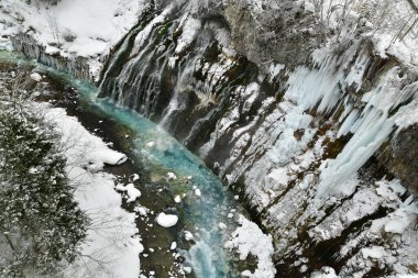 Shirahige Şelalesi Kış Biei Nehri Hokkaido Japonya. Yüksek kalite fotoğraf