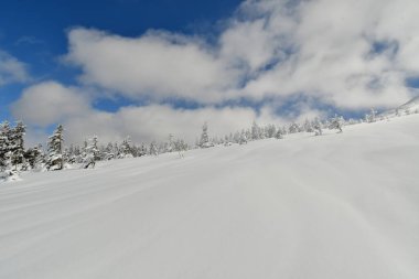 Dağın manzarası. Biei Fuji Hokkaido Japonya kar manzarası mavi gökyüzü. Yüksek kalite fotoğraf