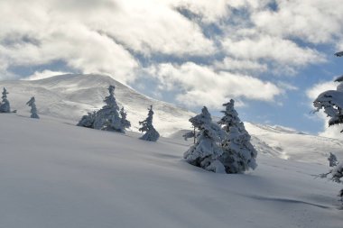 Dağın manzarası. Biei Fuji Hokkaido Japonya kar manzarası mavi gökyüzü. Yüksek kalite fotoğraf