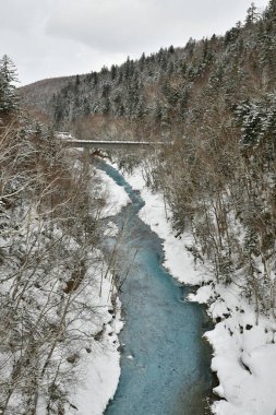 Mavi Nehir karlı arka planda Biei hokkaido Japonya. Yüksek kalite fotoğraf