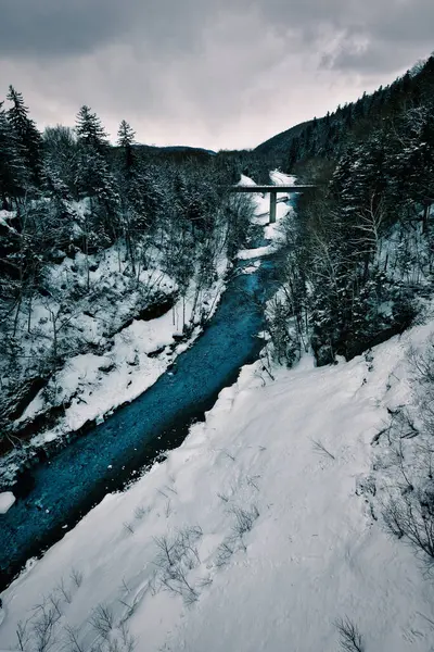 Mavi Nehir Beyaz Kar zıtlığı arka planı Biei Japonya soğuk su kışı. Yüksek kalite fotoğraf
