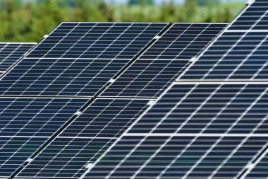 Fotovoltaik elektrik enerjisi yenilenebilir güneş yeşili arka plan. Yüksek kalite fotoğraf