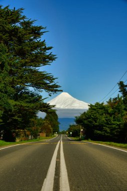 Osorno Vulcano with snow cap green meadows Chile. High quality photo clipart