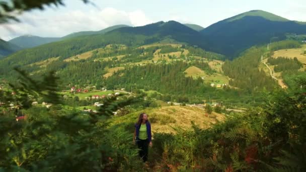 Жінка Гуляє Горах Молода Дівчина Подорожує Красивому Природному Ландшафту Жінка — стокове відео