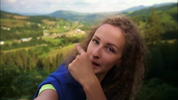Portrait Young Woman Take Selfie Mountains Background Curly Female Blogger — Stock Video
