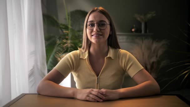 Head Shot Portrait Woman Talk Webcam Sitting Table Home Interior — Stock Video