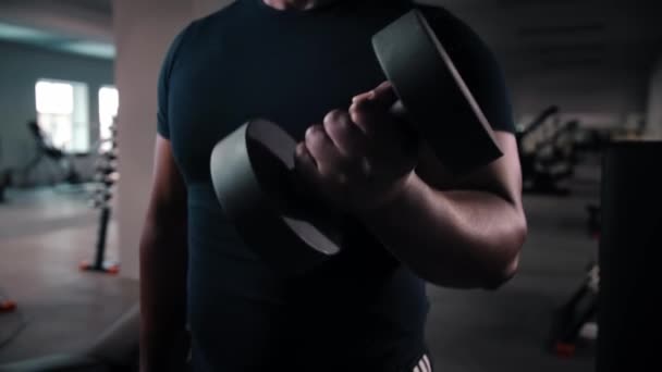 Black Man Workout Mit Kurzhanteltrainingsarmen Gymnastik Bodybuilder Trainiert Muskulös Beim — Stockvideo