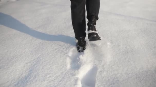 Kvinna Promenader Snön Bär Vinter Boots Legs Flicka Gör Fotspår — Stockvideo