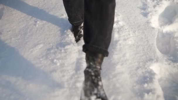 冬のブーツを着た雪の上を歩く女性 足の女の子は白い雪の天気自然冷たい温度を足跡を行っています 高品質4K映像 — ストック動画