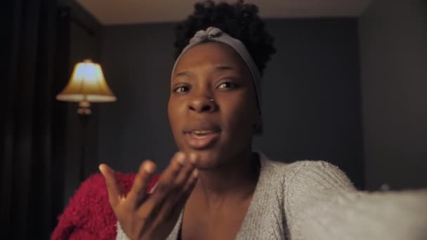 Pov African Woman Make Vídeo Call Using Smartphone Dark Room — Vídeo de Stock