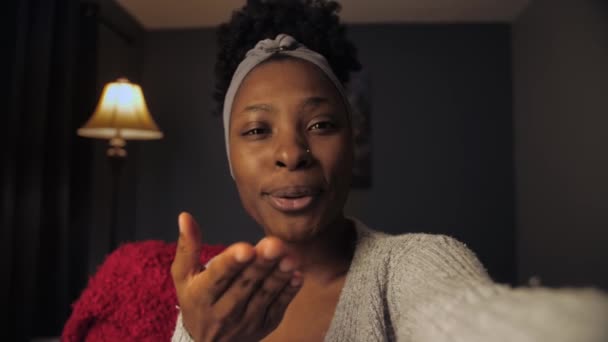 Pov African Woman Make Video Call Using Smartphone Dark Room — Stock videók