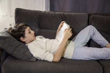 Oturma odasındaki kanepede kitap okuyan sevimli bir çocuk.