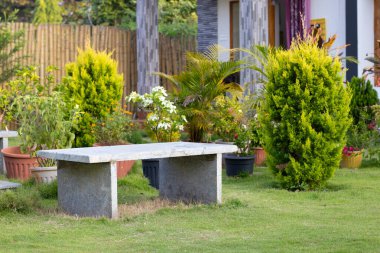 Çiftlik evinin dışında boş mermer masa limon selvi ağacının yanında yeşil çevre ile rahatlamak için inşa edildi.