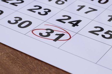 Takvimdeki 31 numara kırmızı renk işaretiyle daire içine alındı