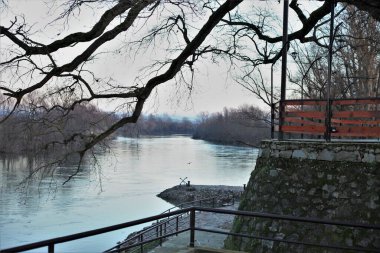 A view of the river from the park, in the frame you can see tree branches, a promenade, a fence