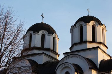 Two upper parts of the church with crosses on top, blue sky and tree branches
