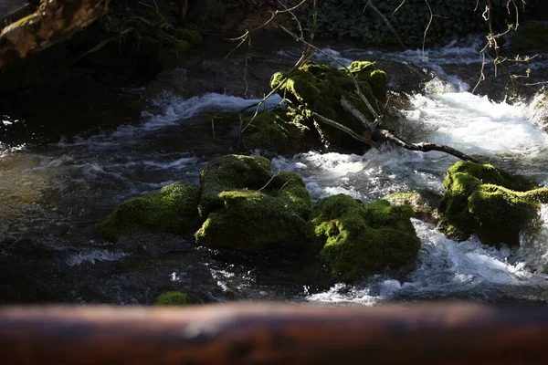 Река Породами Покрытыми Зеленым Мхом Вид Деревянного Моста Пейзаж — стоковое фото