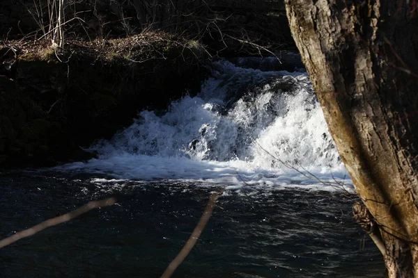 Ein Wasserfall Auf Dem Fluss Frühling Der Baum Auf Der — Stockfoto