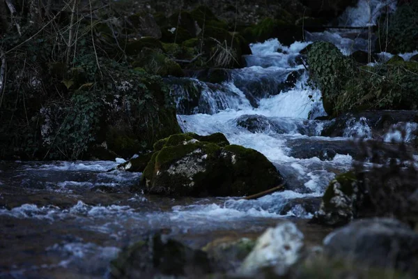 Wasserfall Über Steine Mit Grünem Moos Klarem Wasser Und Seitlichem — Stockfoto