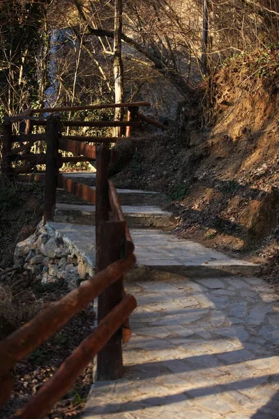 Taş Basamakların Yanında Tahta Bir Çit Var Merdivenler Tepenin Zirvesine — Stok fotoğraf