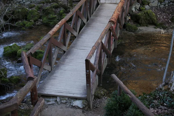 stock image A brown wooden bridge over the river, greenery and a clean river