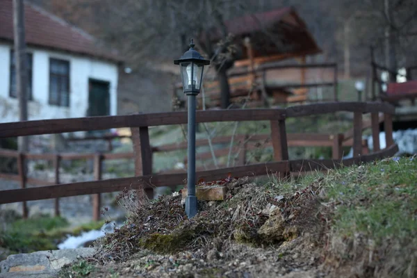 Black Lamp Form Lantern Garden Wooden Fence Landscaped Yard — Stock Photo, Image