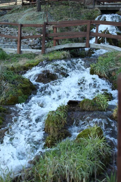 Wasserfall Gras Und Holzbrücke Steine Und Beton Landschaft — Stockfoto