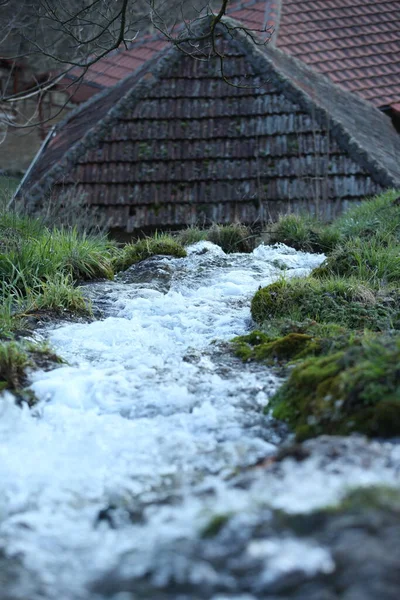 Agua Fluye Hacia Casa Vieja Hierba Verde Lado —  Fotos de Stock