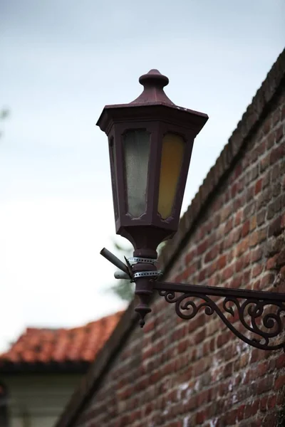 Brown Metal Lantern Wall One Glass White Other Yellow Brick — Stock Photo, Image