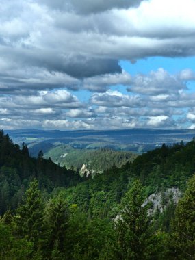 Massif du Jura, Fransa - Mayıs 2022: Dent de Vaulion 'a (1483 m irtifada İsviçre Massif) giderken Lac de Joux manzaralı.