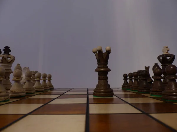 Шахи Стратегія Тактика Гри Набір Фігур Шахової Дошки Король Королева — стокове фото