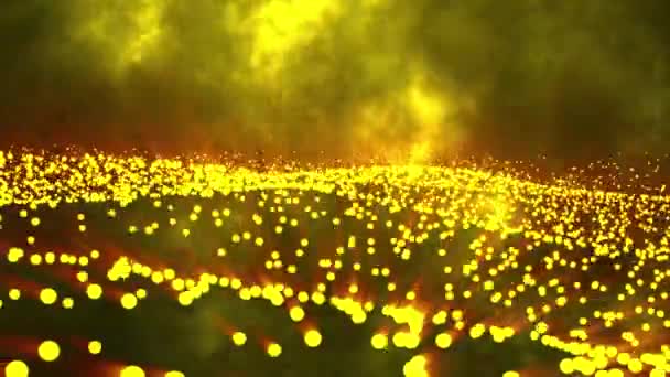 黄色のボケ粒子が赤色の背景に孤立している サイバーデジタル技術の概念におけるフィールドとボケの深さを持つ粒子 — ストック動画