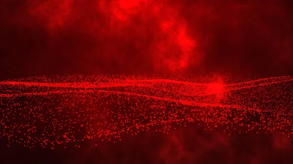 Red color particles dots wave flowing over dark. 3d rendering. Flowing dot and smoke particles wave isolated on smoke background.
