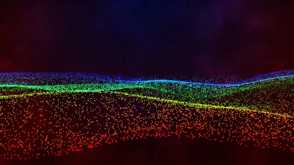 Багатокольорові Частинки Крапок Хвилі Течуть Над Темрявою Візуалізація Протікаюча Крапка — стокове фото