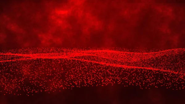 Flowing red dots particles wave pattern halftone gradient curve shape isolated on red smoke background. Big data background design.
